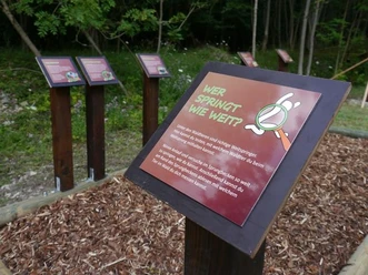 Wer springt wie weit? Tafeln im Wald informieren über einen Wettbewerb zur Weite von Sprüngen auf einem mit Rindenmulch bedeckten Boden.