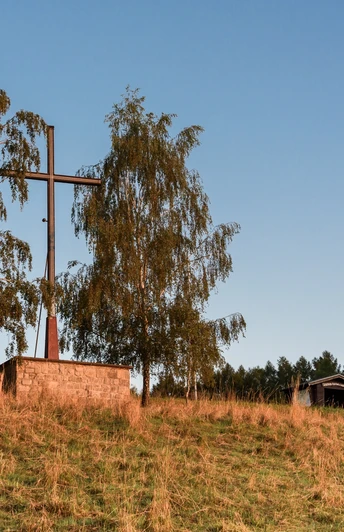 Ein großes Holzkreuz neben zwei Bäumen auf einem grasbewachsenen Hügel vor klarem, blauem Himmel.