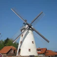 Historische Windmühle mit weißem Turm und Holzelementen, umgeben von Häusern und Bäumen unter blauem Himmel.
