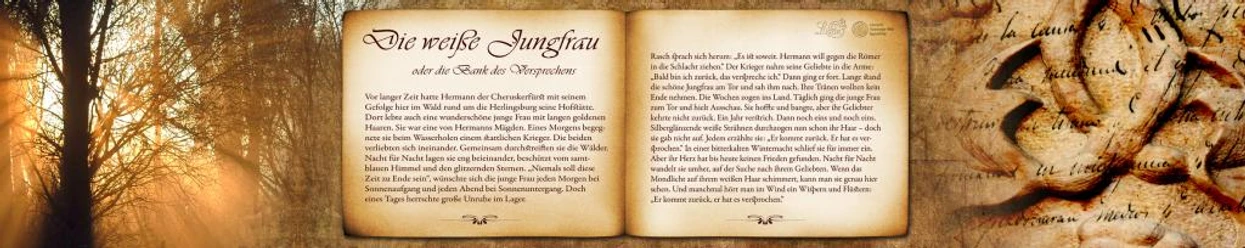 Bankrücken "Die weiße Jungfrau" Geöffnetes Buch zeigt den Text über die Legende 'Die weiße Jungfrau', umgeben von Sonnenlicht und Schattenschrift.