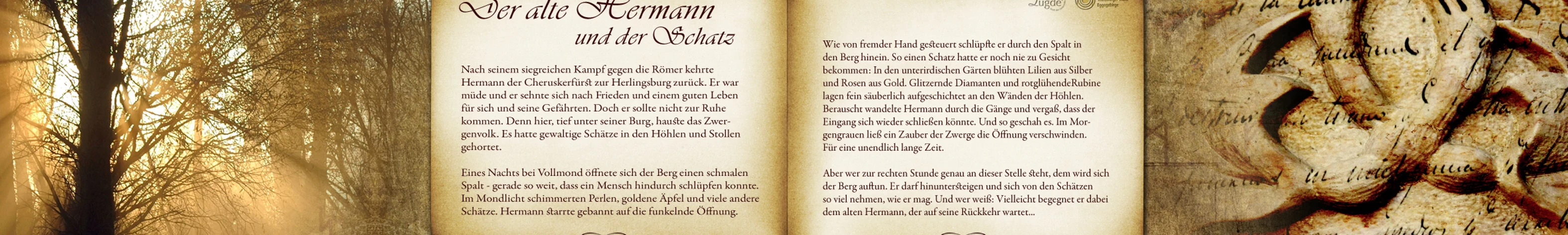 Holzbank mit geschnitztem Rückenmotiv von "Hermann und der Schatz" im warmen Abendlicht im Wald.