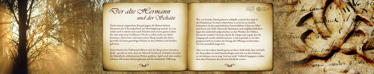 Bankrücken "Hermann und der Schatz" Holzbank mit geschnitztem Rückenmotiv von "Hermann und der Schatz" im warmen Abendlicht im Wald.