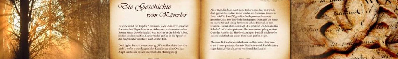 Bankrücken "Die Geschichte vom Känzler" Offenes Buch mit dem Titel "Die Geschichte vom Känzler" auf einer antiken Schrift. Links ist eine Waldszene zu sehen.