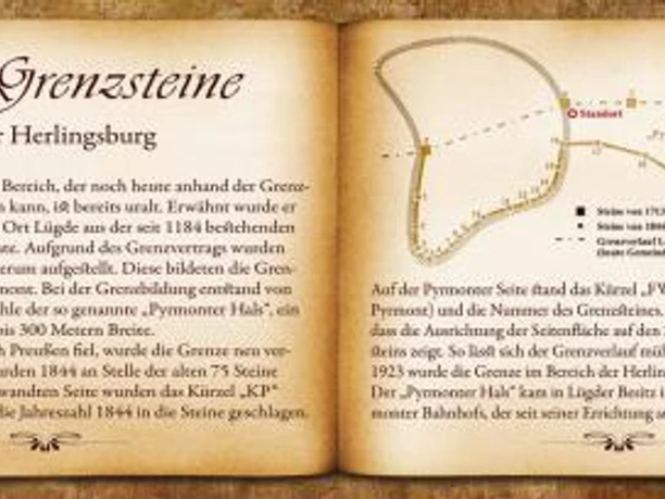 Bankrücken "Grenzsteine" Die Tafel erläutert die historischen Grenzsteine am Heiligenberg mit Karte und Informationen.