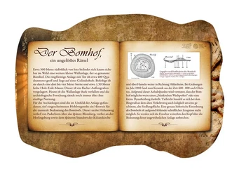 Bankrücken "Bomhof" Infotafel über den "Bomhof", ein ungelöstes Rätsel, mit historischem Kontext und Erläuterungen.