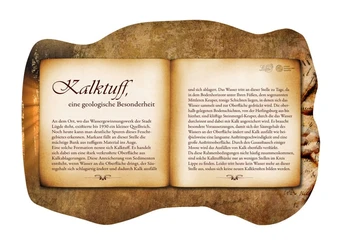 Buchrücke "Kalktuff" Geöffneter Buchrücken mit historischem Text über "Kalktuff" als geologische Besonderheit.