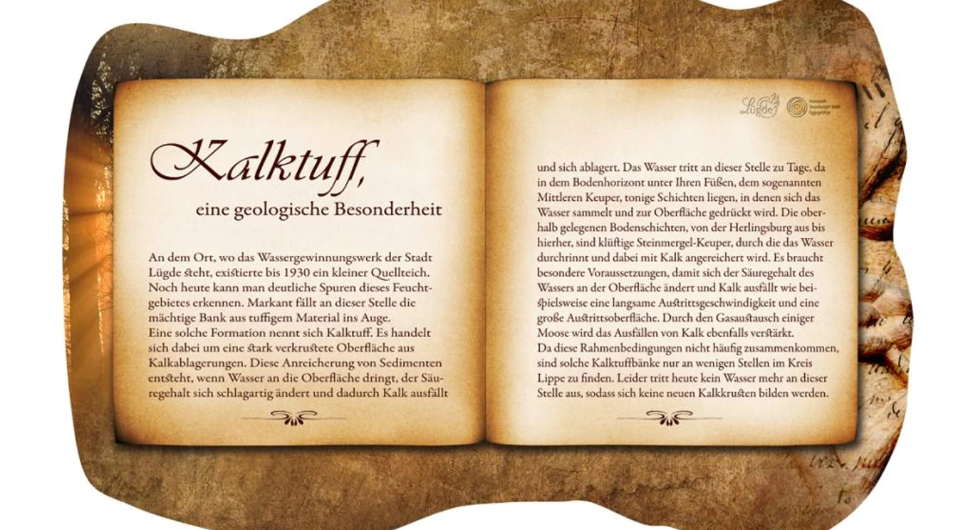 Buchrücke "Kalktuff" Geöffneter Buchrücken mit historischem Text über "Kalktuff" als geologische Besonderheit.