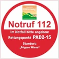 Notrufzeichen Rettungspunkt PAD2-15 mit Standort „Pöppen Wiese“ am Paderborner Höhenweg.