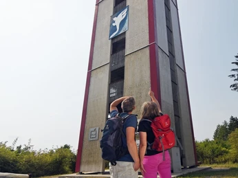 Lattbergturm in Entrup Zwei Wanderer schauen zum imposanten Lattbergturm in Entrup, umgeben von Bäumen und offener Landschaft.