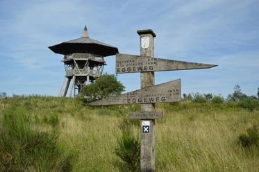 Eggeturm aus Holz auf einer Wiese; Wegweiser Richtung Eggeweg und Preußische Velmerstot im Vordergrund.