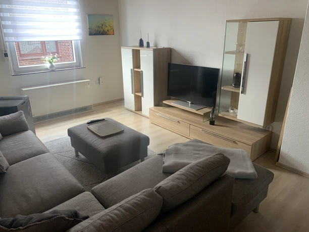 Wohnzimmer Modernes Wohnzimmer mit grauem Sofa, Couchtisch, Flachbildfernseher und hellem Holzschränken.