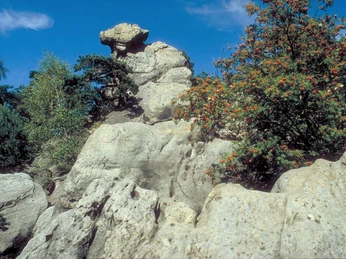 Hockendes Weib Skulptur "Hockendes Weib" aus Felsen geformt, umgeben von Bäumen mit roten Beeren, blauer Himmel.