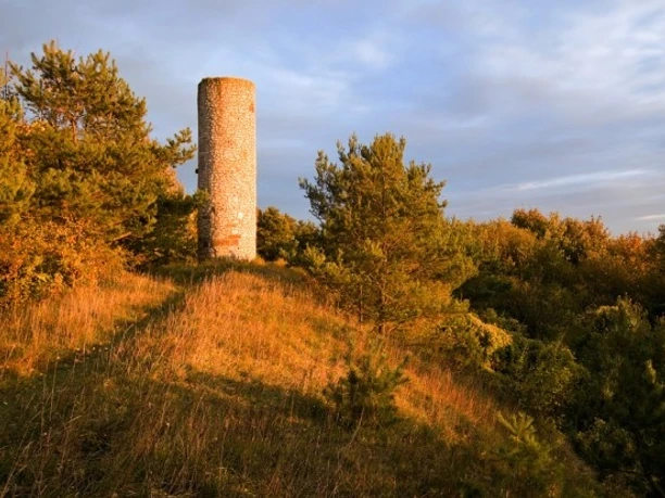 Ein runder Steinturm steht umgeben von grünem Laubwerk auf einem Hügel bei warmem Abendlicht.