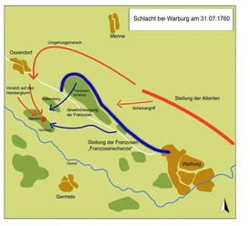 Historische Karte der Schlacht bei Warburg am 31.07.1760 mit bewegten Truppenlinien.
