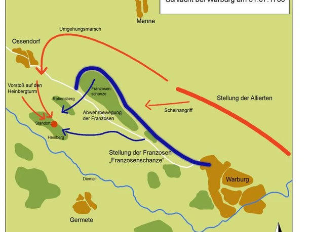 Historische Karte der Schlacht bei Warburg am 31.07.1760 mit bewegten Truppenlinien.