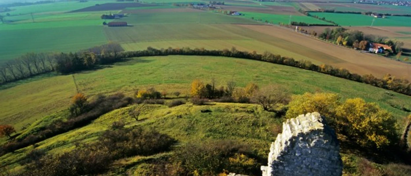 Ruinenmauer auf Grünhügel vor weiten, sanft getönten Feldern und entfernten Horizontlinien.