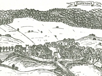 Rischenau um 1400 Historische Darstellung von Rischenau, umgeben von Hügeln und Wälder, zeigt eine mittelalterliche Siedlung.