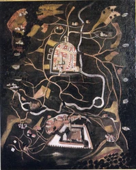 Historische Karte der Grafschaft Pyrmont aus dem 16. Jahrhundert mit Burg und ländlichen Strukturen.