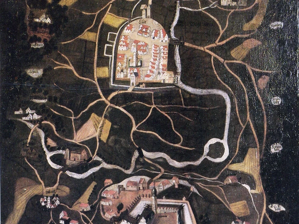 Die Grafschaft Pyrmont, 2.Hälfte 16. Jh. Historische Karte der Grafschaft Pyrmont aus dem 16. Jahrhundert mit Burg und ländlichen Strukturen.