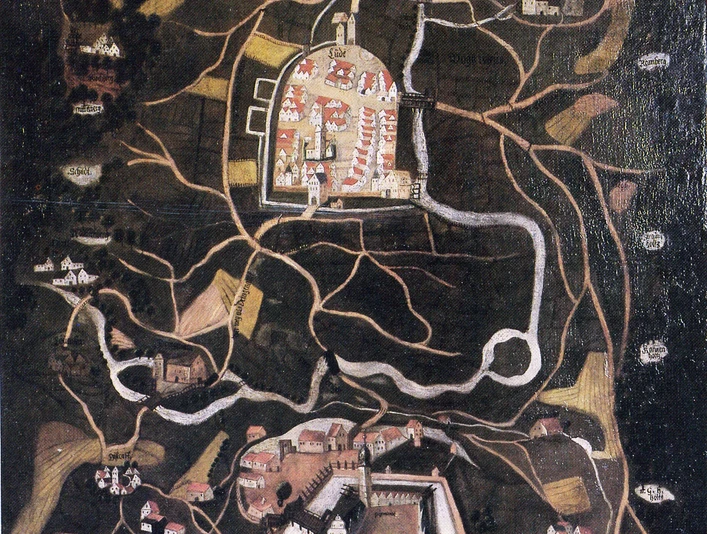 Die Grafschaft Pyrmont, 2.Hälfte 16. Jh. Historische Karte der Grafschaft Pyrmont aus dem 16. Jahrhundert mit Burg und ländlichen Strukturen.