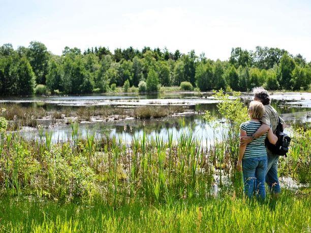 engelsmeer-bluehendes-moor Eine Frau und ein Mann überblicken einen Moorsee und die malerische Moorlandschaft herum.
