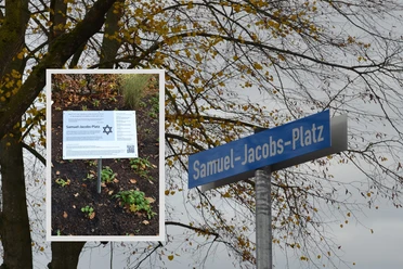 Samuel-Jacobs-Platz Blaues Straßenschild und Gedenktafel des Samuel-Jacobs-Platzes zwischen herbstlichen Bäumen.