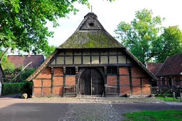 freilichtmuseum-bad-zwischenahn-am-meer_btg Ein traditionelles Fachwerkhaus mit Reetdach, umgeben von Natur, als Teil des Freilichtmuseums.
