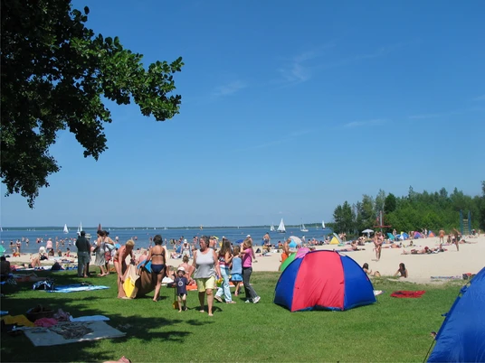 Mehrere Personen genießen sommerliche Aktivitäten auf einer grünen Wiese nahe einem sandigen Strand.Several people enjoy summer activities on a green meadow near a sandy beach.Flere mennesker nyder sommeraktiviteter på en grøn eng nær en sandstrand.Verschillende mensen genieten van zomeractiviteiten op een groene weide bij een zandstrand.