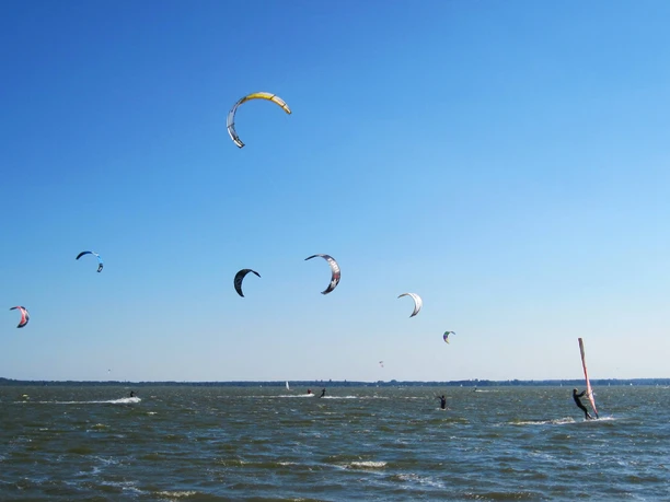 Kitesurfer gleiten an einem sonnigen Tag über das Wasser, prächtige Drachen tanzen am klaren Himmel.