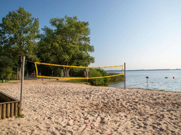 beach-volleyball Ein heißer Sommertag am See, ein Beachvolleyballfeld im Sand eingerahmt von grünen Bäumen.