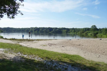 woldsee-strand-und-nichtschwimmerbereich Ein ruhiger Sandstrand am Woldsee mit klarem Wasser und umgebender grüner Natur lädt zum Entspannen ein.