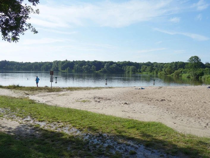 woldsee-strand-und-nichtschwimmerbereich Ein ruhiger Sandstrand am Woldsee mit klarem Wasser und umgebender grüner Natur lädt zum Entspannen ein.
