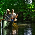 Zwei Menschen in einem Kanu genießen die Fahrt auf dem von Bäumen gesäumten Fluss.