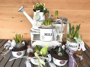 «Alpen-Charme» Spring Decoration White pots and watering can planted with spring flowers