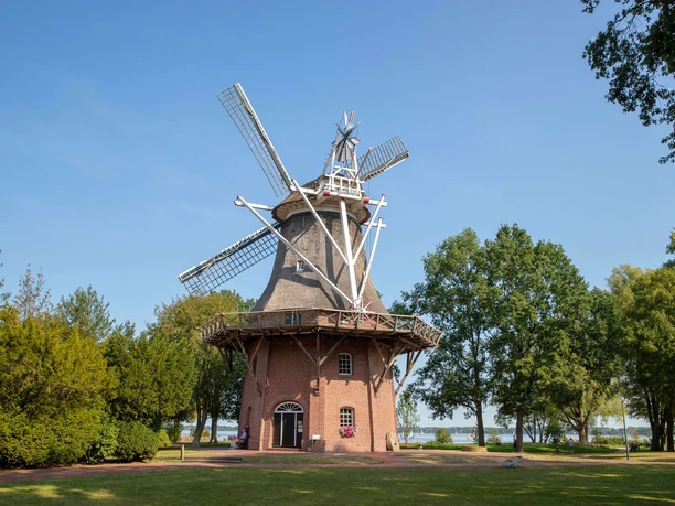 windmühle im kurpark Eine historische Windmühle im Kurpark, umgeben von grüner Natur und Bäumen, unter strahlend blauem Himmel.