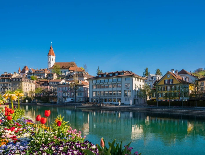 thun-aare-fruehling-blumen-schloss-kirche-spazier-uferwege