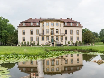 Schloss Möhler gespiegelt Ein historisches, gelbes Herrenhaus spiegelt sich malerisch in einem mit Seerosen bedeckten Teich wider.