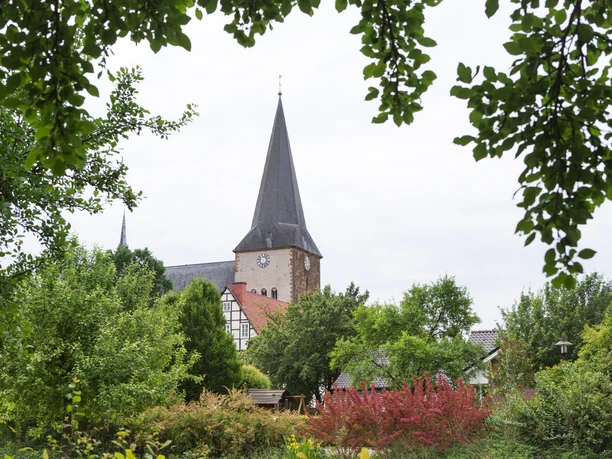 Blick auf die Pfarrkirche St. Christina in Herzebrock Eine malerische Kirche mit hohem Turm, umrahmt von grünen Bäumen und blühenden Sträuchern.