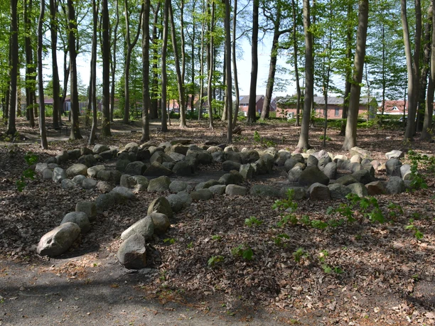 Bosquet3 Steinkreis im lichten Laubwald mit Blick auf Bäume und Häuser im Hintergrund bei Tageslicht