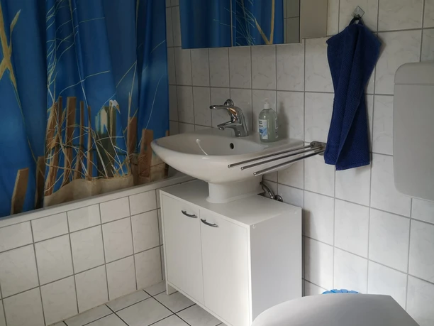 Badezimmer mit blauen Vorhängen, weißen Fliesen, Waschtisch und WC, ausgestattet für Funktionalität.