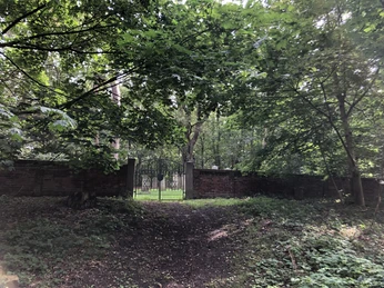 Jüdischer Friedhof Eingebettet in dichte Bäume, liegt der historische jüdische Friedhof mit seinem geschlossenen Gittertor.