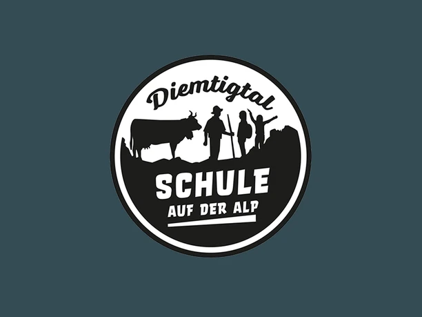 Logo School on the Alp Black and white logo on a green background. Lettering: Diemtigtal - School on the Alp