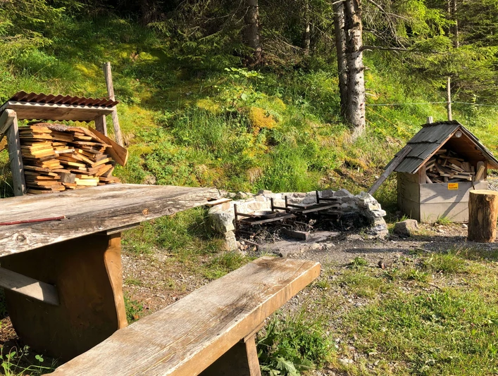 Feuerstelle mit Tisch und Bänken für den gemütlichen Grillplausch