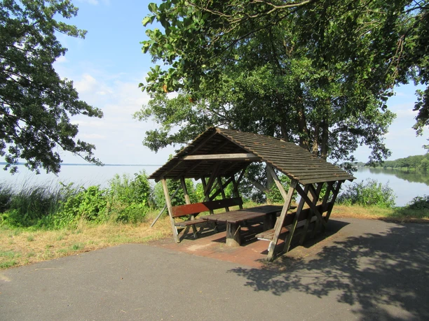 Picknickplatz mit Holztisch und Bänken unter einem überdachten Unterstand, umgeben von grüner Natur.