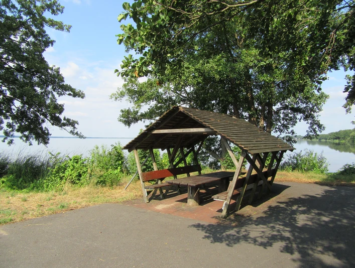 Picknickplatz mit Holztisch und Bänken unter einem überdachten Unterstand, umgeben von grüner Natur.