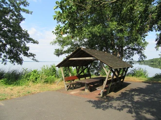 Blick auf den Picknickplatz in der Schutzhütte am Hagenburger Kanal Bastion 2 Picknickplatz mit Holztisch und Bänken unter einem überdachten Unterstand, umgeben von grüner Natur.