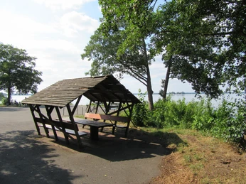 Picknickplatz mit Holztisch und -bänken unter einem schützenden Dach, umgeben von Bäumen, nahe am Wasser.
