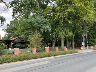 Wohnmobilstellplatz Eystrup Stellplatz mit gepflasterter Zufahrt, umgeben von hohen Bäumen und einer kleinen Holzhütte.