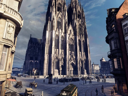 TimeRide Virtuelle Darstellung vom Kölner Dom Ein historischer Straßenzug mit alten Autos und Straßenbahn vor dem majestätischen Kölner Dom.A historic street with old cars and streetcars in front of the majestic Cologne Cathedral.