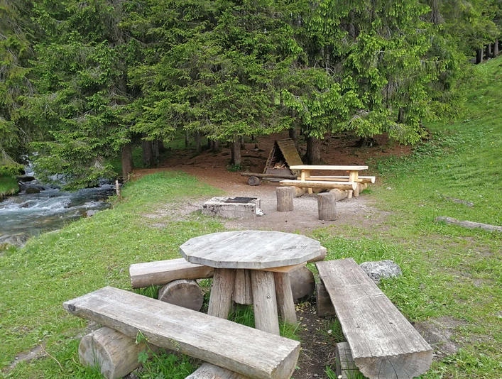 Feuerstelle am Senggibach auf einer grünen Wiese am Waldrand
